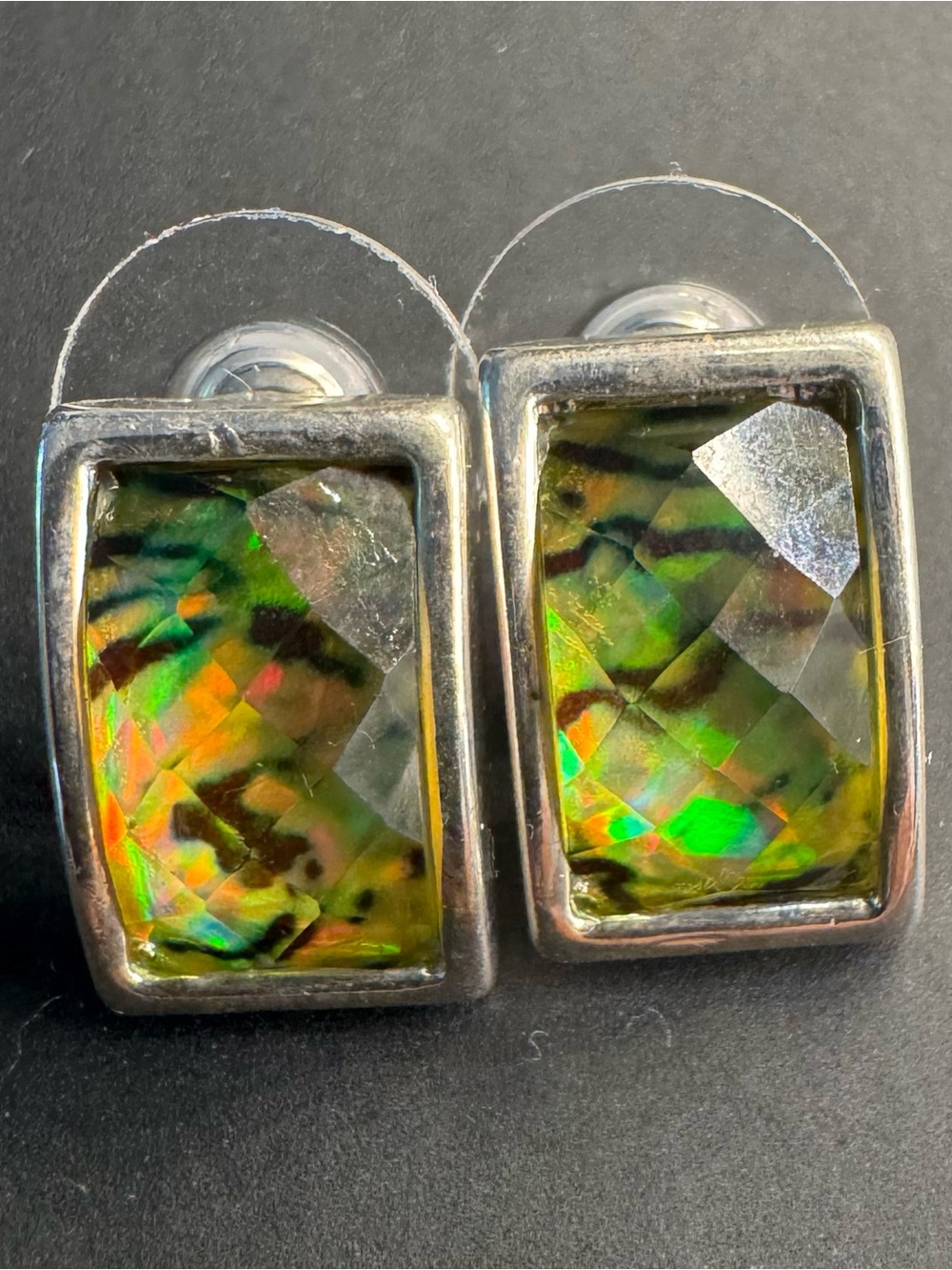 Silver tone Iridescent Rectangular Stud Earrings - Women's Jewelry